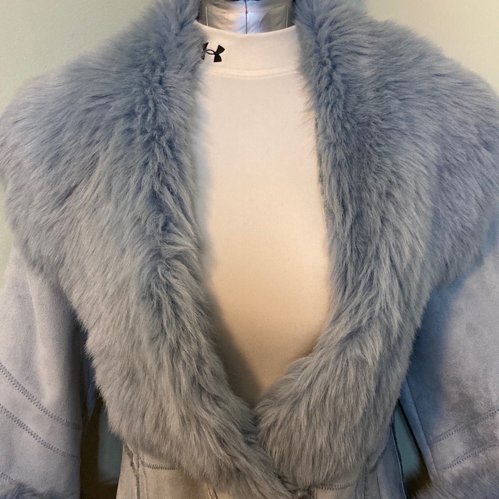 Woman’s Faux Fur Trim Jacket - Soft Blue - Picture 2 of 14